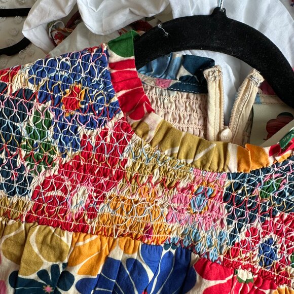 Farm Rio Sunny Daisies Mini Dress Floral Smocked High Neck Puff Sleeves Size XS - Picture 4 of 10